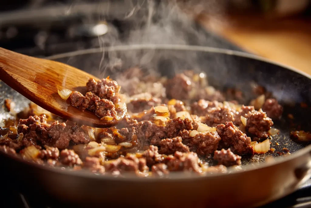 Ground beef browning in a skillet with onions and garlic