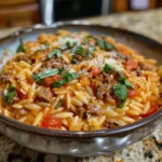 Ground Beef Orzo with Tomato Cream Sauce finished dish for recipe card