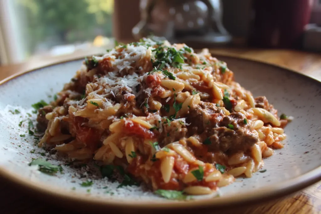 Served ground beef orzo with tomato cream sauce in a rustic bowl