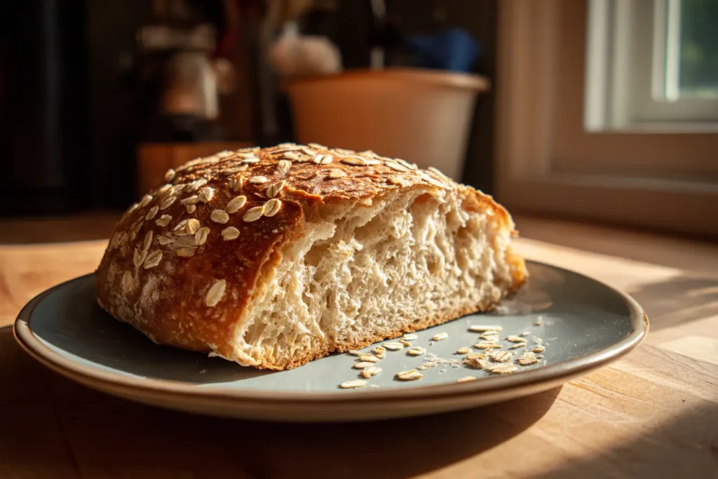 Homemade honey oat sourdough bread with a deep golden crust and oat topping, resting on a board after baking.