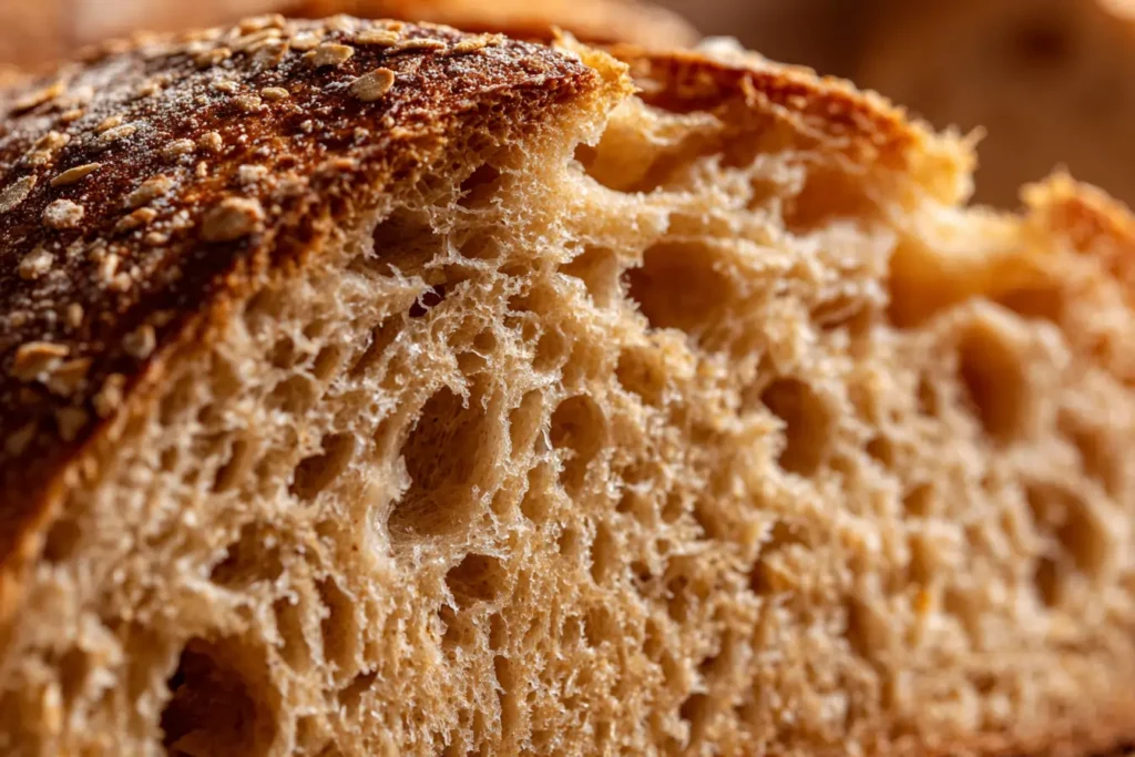 Close-up of sliced honey oat sourdough bread showing a chewy crumb, oat texture, and naturally uneven air pockets.