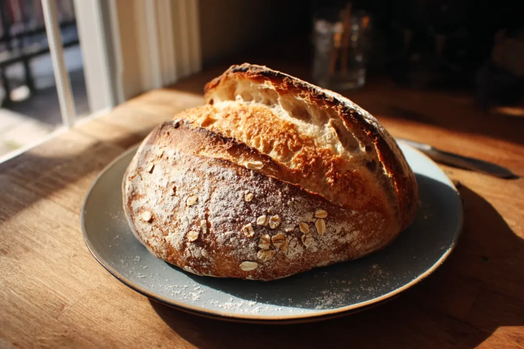 Rustic honey oat sourdough bread loaf with a golden crust and oats on top, cooling on a wooden board in a cozy kitchen.