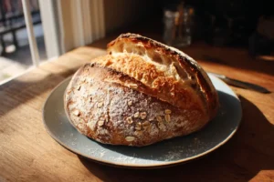 Rustic honey oat sourdough bread loaf with a golden crust and oats on top, cooling on a wooden board in a cozy kitchen.