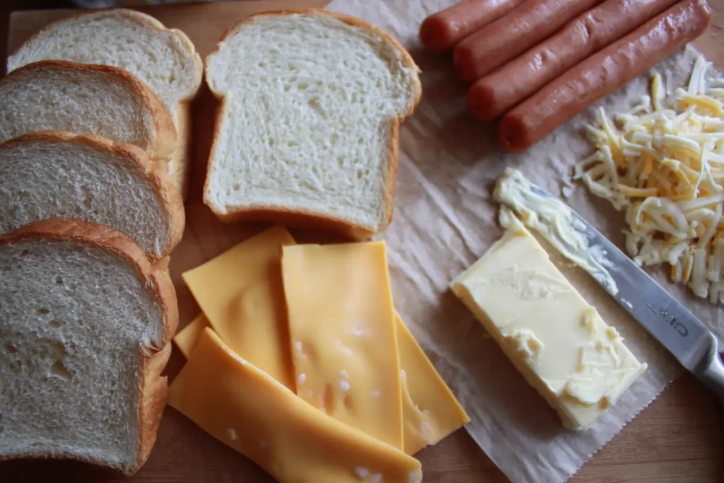 ingredients for grilled cheese hot dogs on a kitchen table
