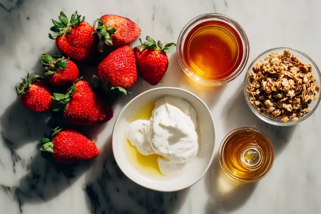 Ingredients for strawberry yogurt pops with granola: fresh strawberries, Greek yogurt, honey, granola, and vanilla on a counter