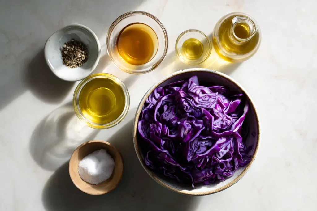 Ingredients for tangy purple cabbage slaw on a counter