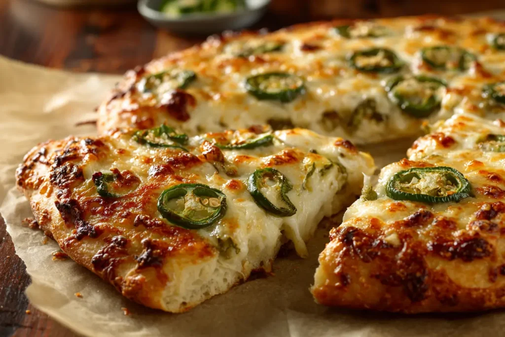 Freshly baked jalapeño popper pizza with bubbling cheese, jalapeños, and crispy golden crust