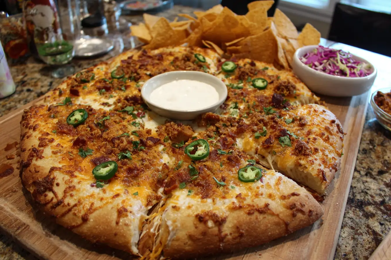 Jalapeño popper pizza served with ranch dip, crunchy slaw, tortilla chips, and jalapeño slices on a serving board