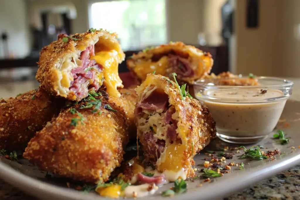 Keto Crispy Reuben Roll-Ups on a plate with corned beef, sauerkraut, melted cheese, and dipping sauce