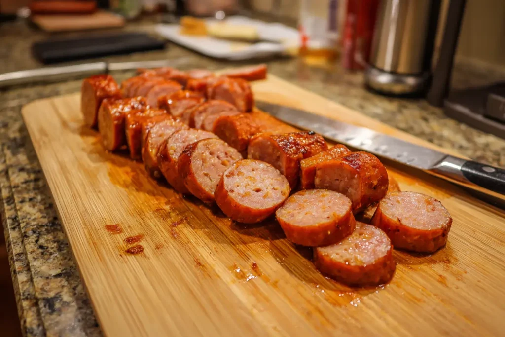 Kielbasa sliced into thin, medium, and thick coins on a cutting board