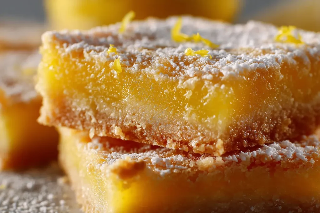Close-up of lemon bars with powdered sugar showing a crumbly shortbread crust and smooth lemon filling