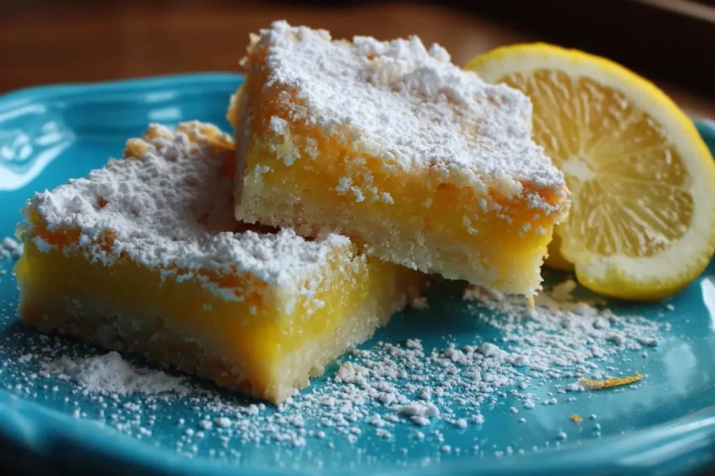Lemon bar with powdered sugar served on a bright plate in natural light with a cozy homemade look