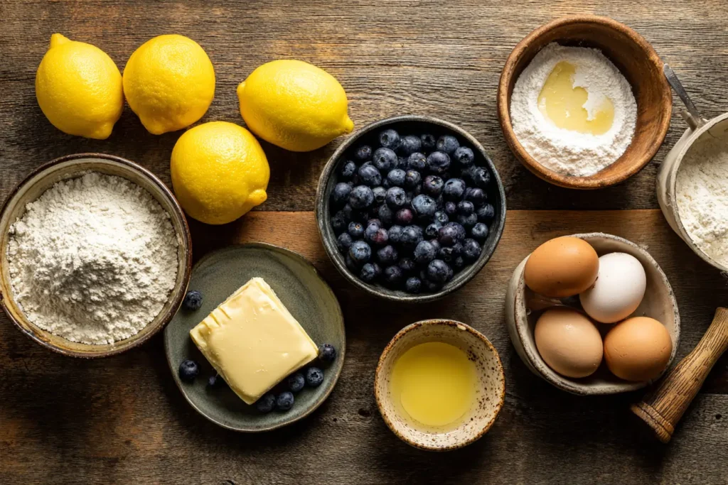 Top-down view of lemons, blueberries, butter, eggs, and flour prepped for lemon blueberry cake