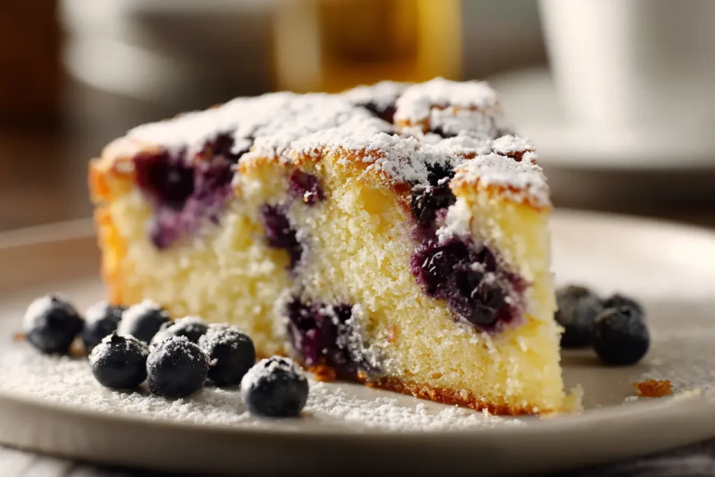 Close-up slice of lemon blueberry cake showing moist crumb and blueberries with powdered sugar
