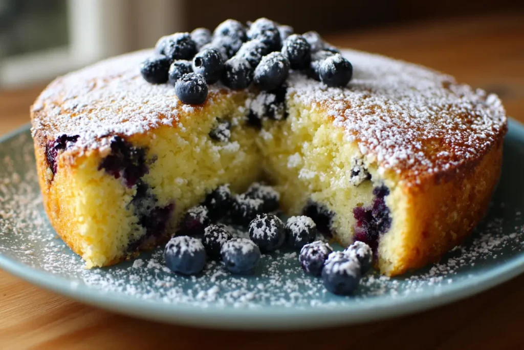 Moist lemon blueberry cake dusted with powdered sugar on a plate in natural window light