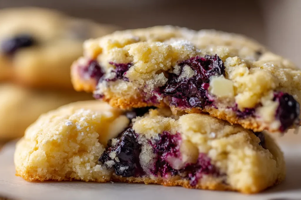 Close-up of a lemon blueberry cookie broken in half showing a soft chewy center, juicy blueberry pockets, and lemon zest specks.
