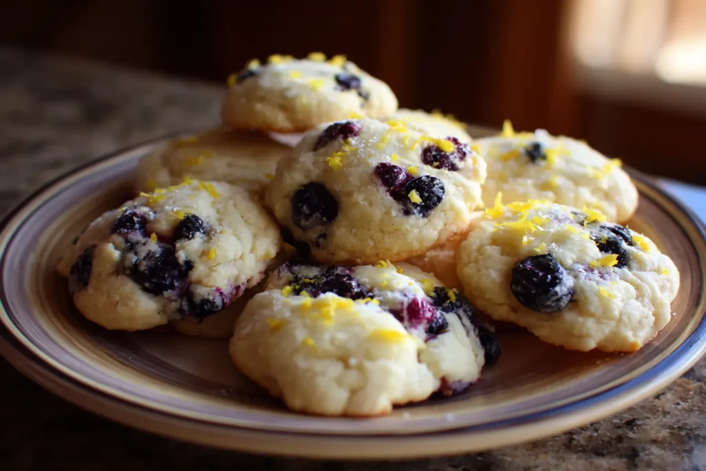 Lemon blueberry cookies served casually on a plate in natural window light, with visible blueberries and a warm homemade look.
