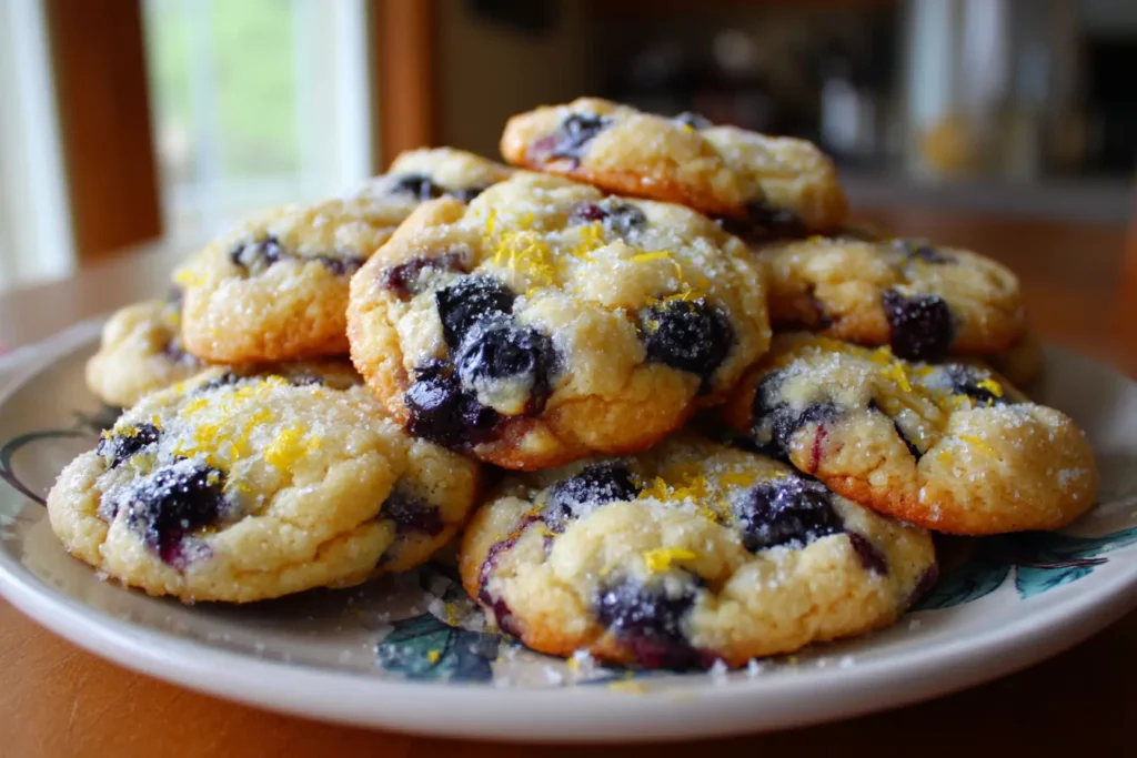 Homemade lemon blueberry cookies on a plate, soft and chewy with blueberries and a sprinkle of fresh lemon zest in natural window light.