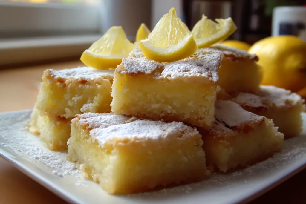 Lemon brownies dusted with powdered sugar served on a plate with lemon slices and zest