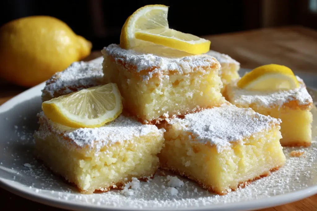 Homemade lemon brownies dusted with powdered sugar, showing a soft center and crackly top