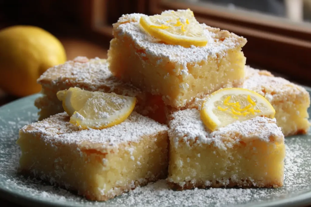 Lemon brownies with a crackly top dusted with powdered sugar on a plate with lemon slices