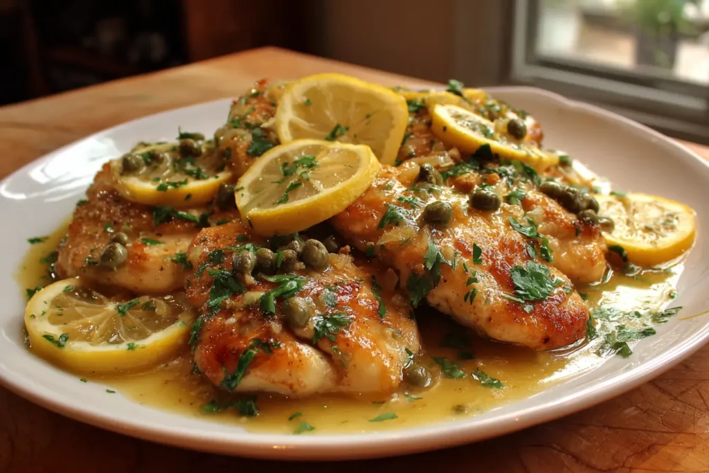 Homemade lemon chicken piccata on a white plate with lemon slices, capers, and parsley in a bright lemon-butter sauce