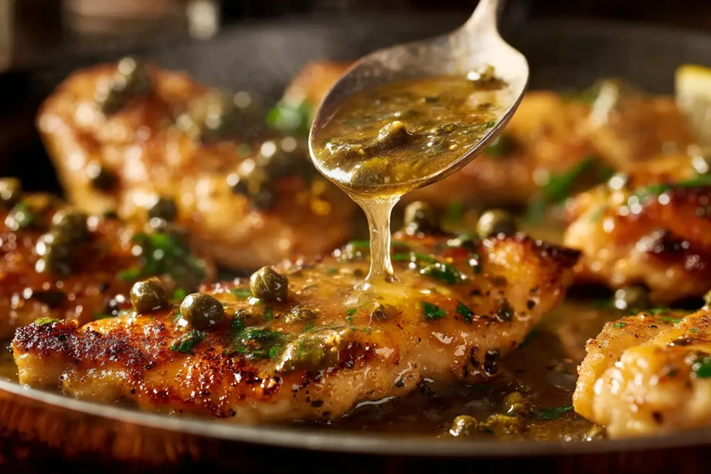 Close-up of lemon chicken piccata sauce with capers being spooned over golden chicken cutlets