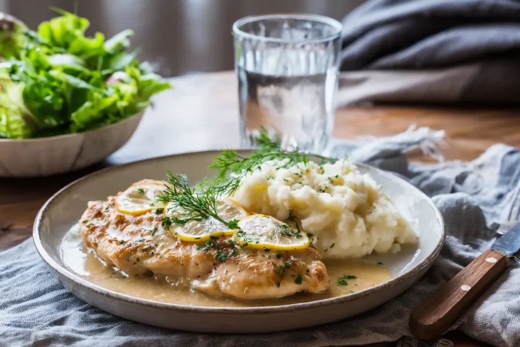 Lemon chicken romano on a dinner table with mashed potatoes and a green salad in cozy evening light