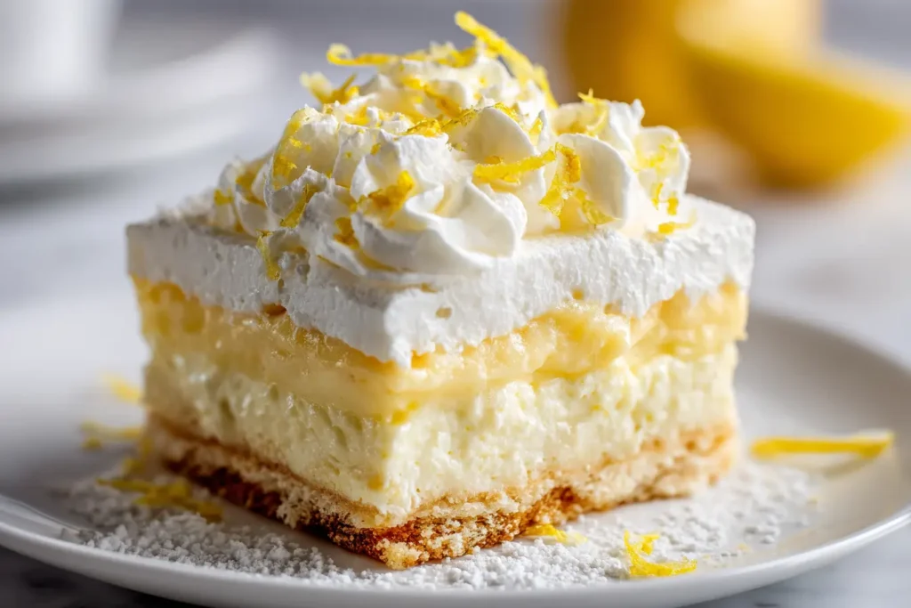Close-up slice of no-bake lemon lush lasagna cake with graham crust and lemon zest