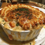 Lobster pot pie with golden puff pastry and creamy filling