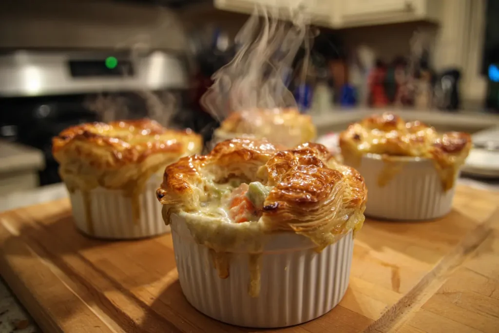 Mini lobster pot pies with flaky puff pastry tops