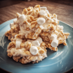No bake avalanche cookies with white chocolate, peanut butter, cornflakes, and mini marshmallows