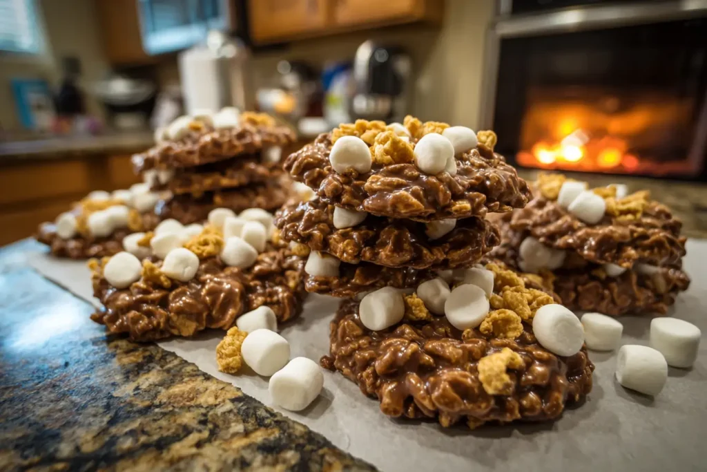 Stack of no bake avalanche cookies with extra marshmallows and cornflakes