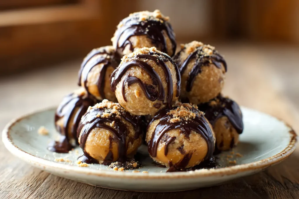 Stacked no bake peanut butter cheesecake balls with melted chocolate drizzle on a small ceramic plate in a cozy home kitchen.