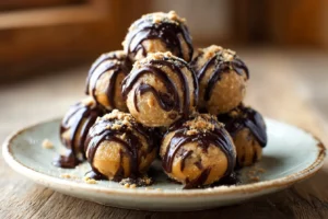 Stacked no bake peanut butter cheesecake balls with melted chocolate drizzle on a small ceramic plate in a cozy home kitchen.