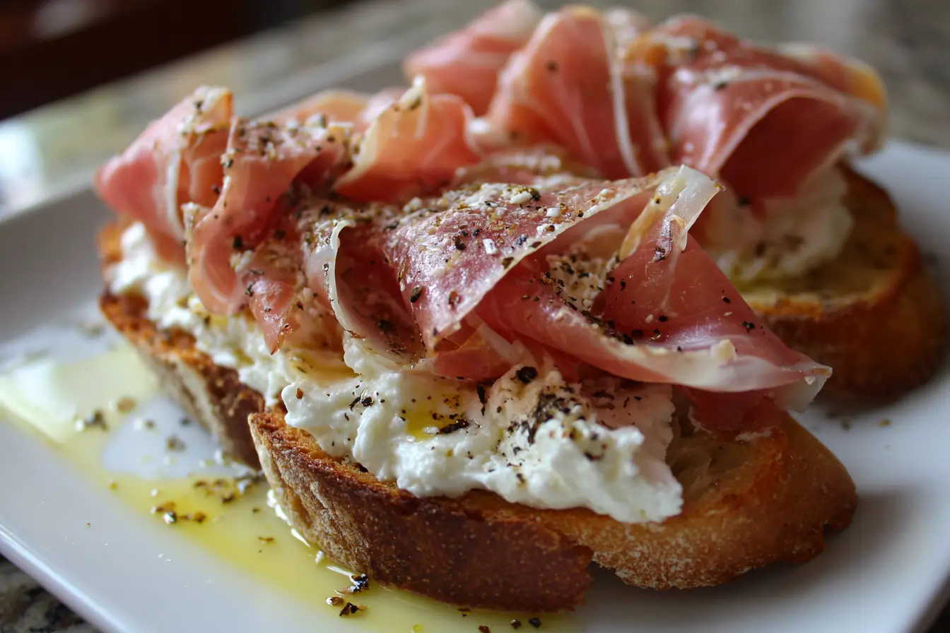 Open-faced prosciutto sandwich with ricotta spread and olive oil drizzle on toasted bread