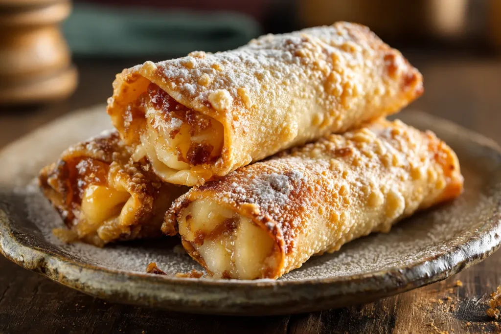 Peach cobbler egg rolls stacked on a plate with powdered sugar and warm peach filling
