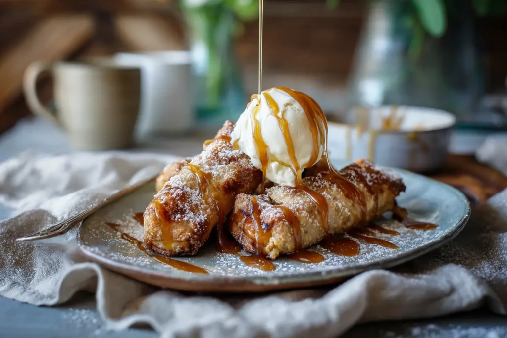 Peach cobbler egg rolls served with vanilla ice cream and caramel drizzle on a brunch table