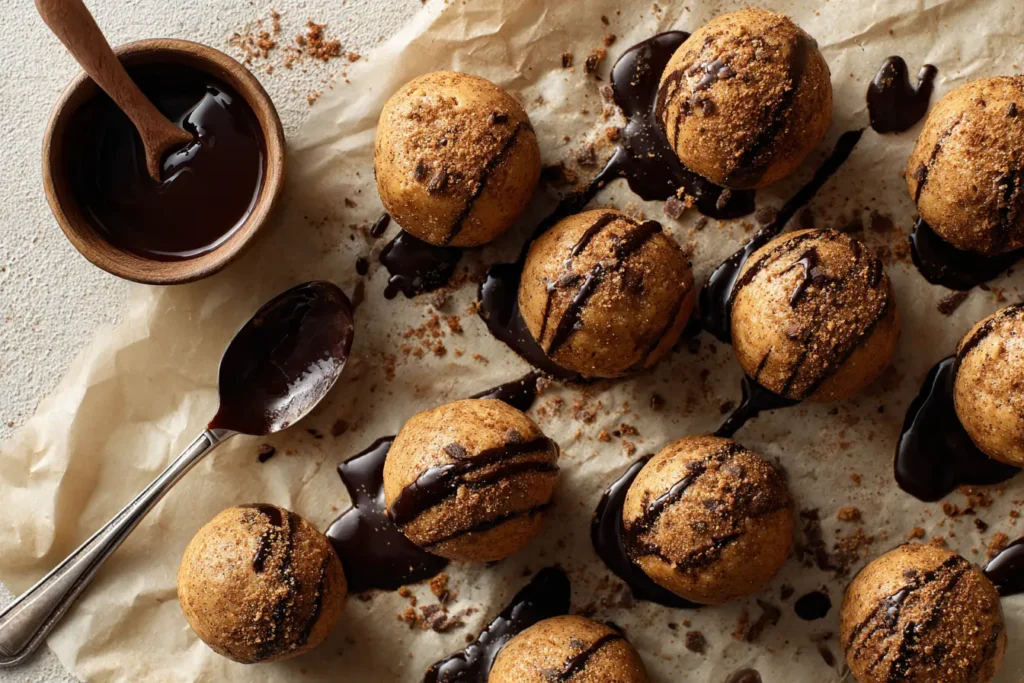 Overhead view of peanut butter cheesecake balls on parchment paper with chocolate spoon and crumbs on a kitchen counter.