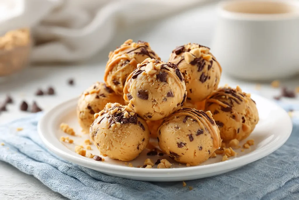 No bake peanut butter cheesecake balls on a white plate topped with crushed peanuts and light chocolate cracks.