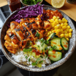 Peri peri chicken bowl with rice and fresh veggies