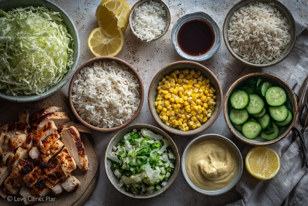 Ingredients for building a peri peri chicken bowl in small bowls