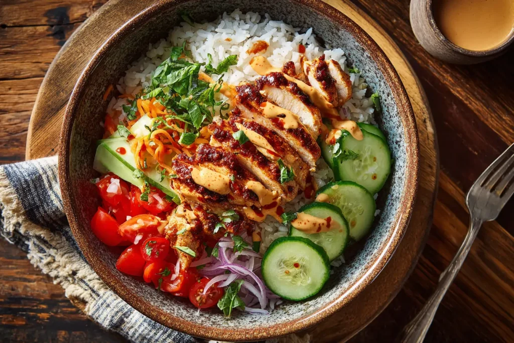 Peri peri chicken bowl being assembled with rice and veggies