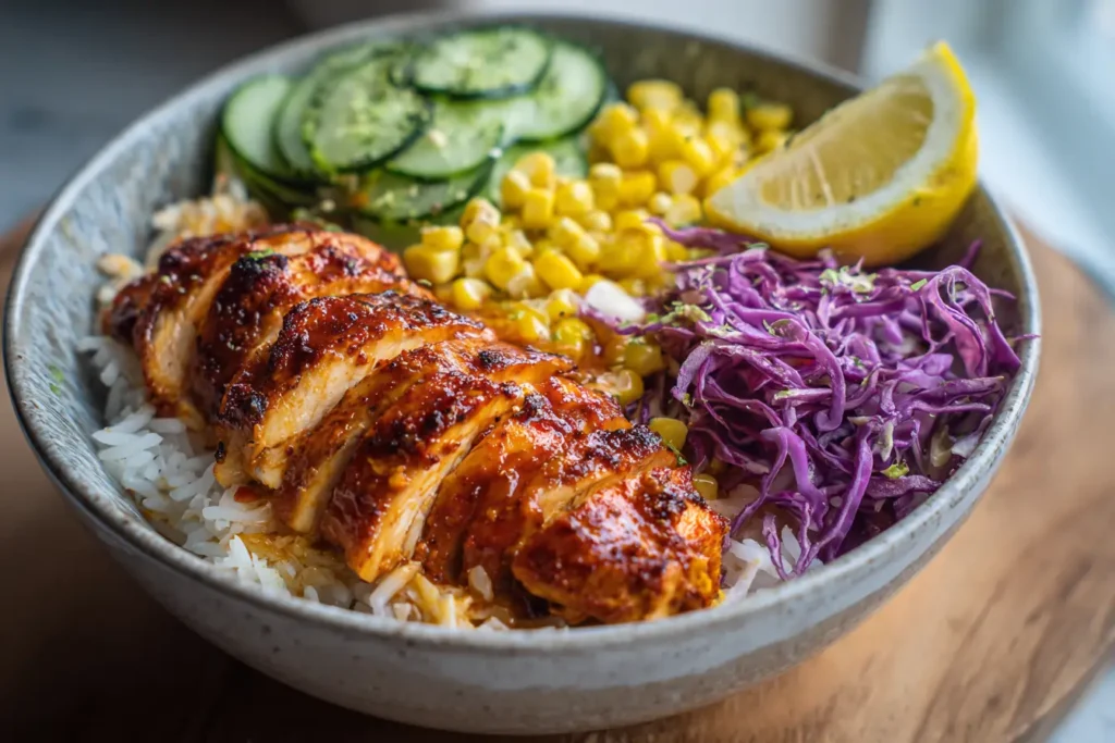 Peri peri chicken bowl with lemon wedge and crunchy vegetables