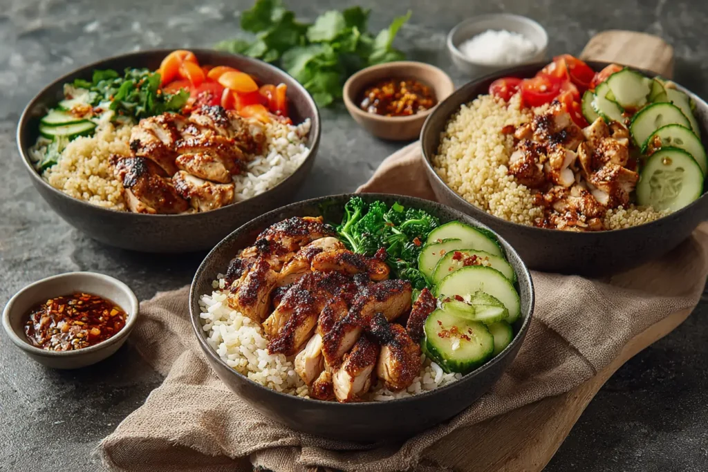 Three peri peri chicken bowls with rice, brown rice, and quinoa