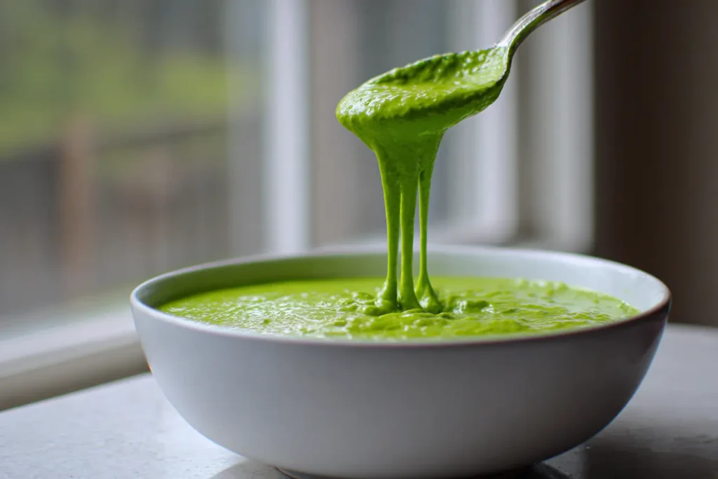 Peruvian green sauce (aji verde) in a bowl with a spoon lifting creamy sauce