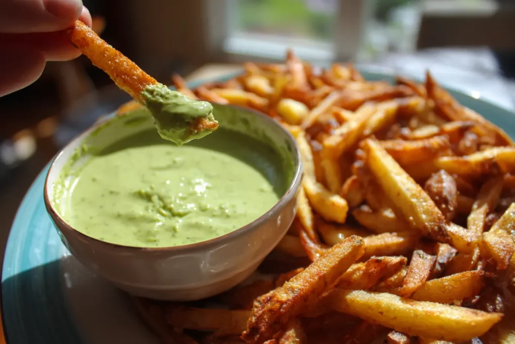 Fries dipped in Peruvian green sauce (aji verde) with a bowl of sauce on the side