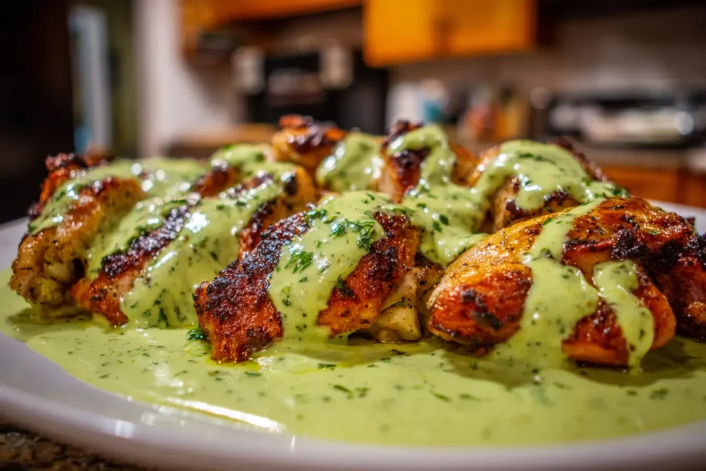 Chicken topped with Peruvian green sauce (aji verde) drizzled over the plate