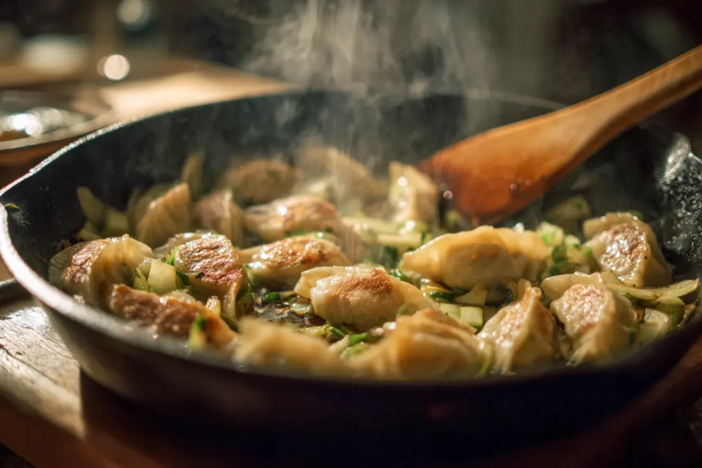 Potstickers sizzling in a skillet with vegetables and sauce while being stirred with a wooden spatula