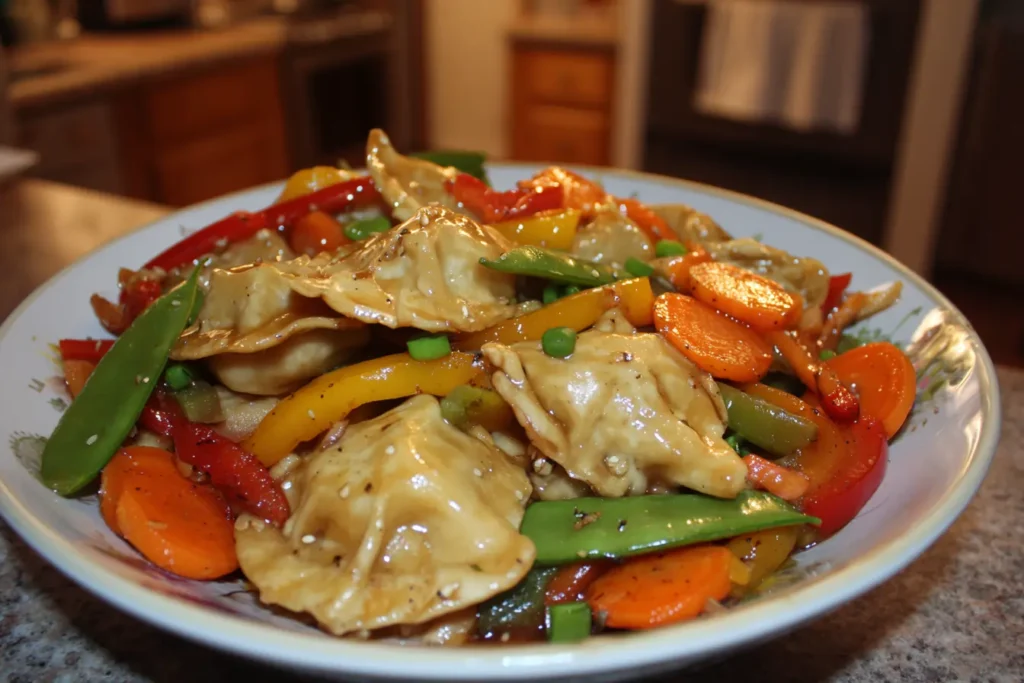 Homemade potsticker stir fry with crispy dumplings, bell peppers, snap peas, carrots, and jalapeño in a savory sauce